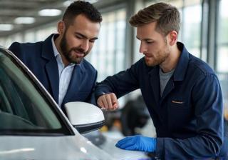 Client inspecting the finished car with a technician